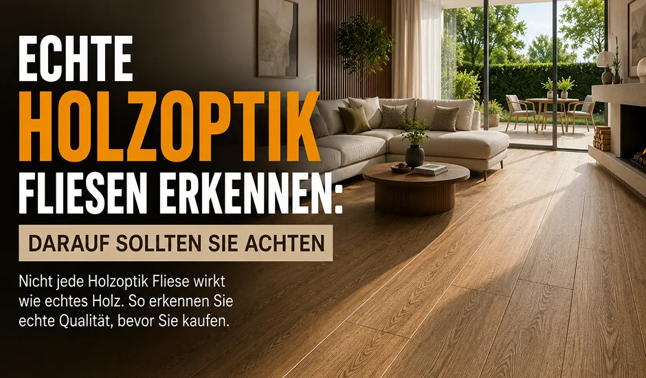 Holzoptik Fliese mit Formkante in Nahaufnahme, authentische Holzmaserung auf Keramik
