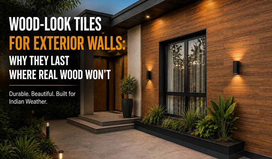 Wooden tiles for exterior wall on a two-storey Indian home facade with curve edge plank finish