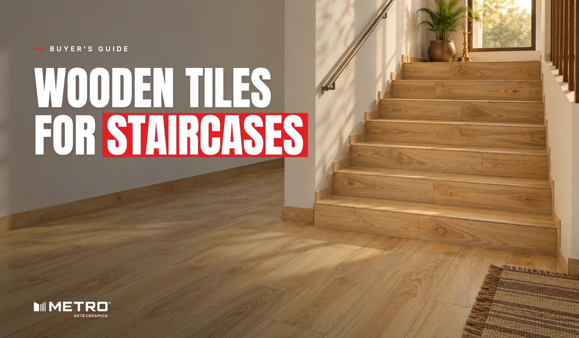 Wooden Tiles for Staircases: a room floored with Metro wood-look tiles