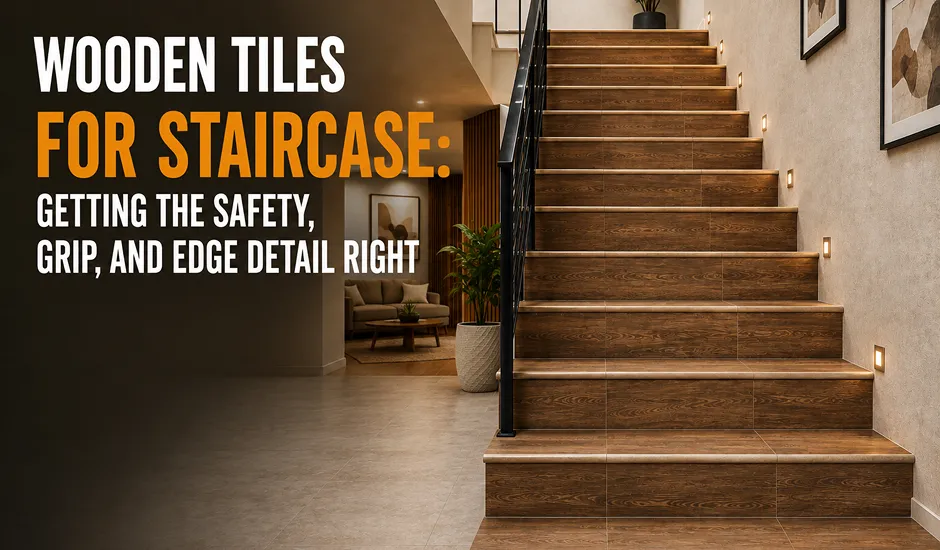 Wooden tiles for staircase in a residential home with matte anti-skid treads and contrasting risers
