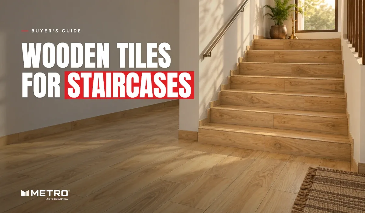 Wooden Tiles for Staircases: a room floored with Metro wood-look tiles