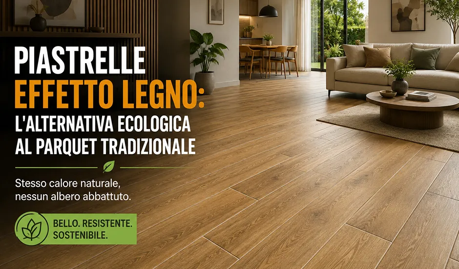 Piastrelle effetto legno con bordo sagomato e venatura naturale in un soggiorno moderno