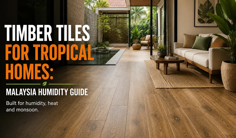 Wood tile flooring texture with timber grain detail in an open-plan Malaysian living room