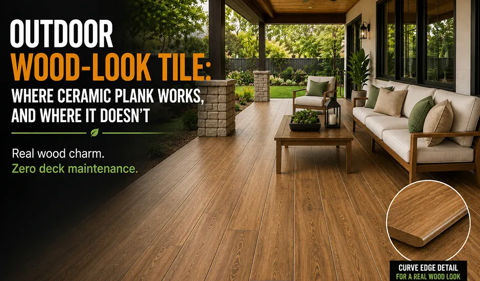 Outdoor wood look tile in plank format on a covered porch with curve edge detail