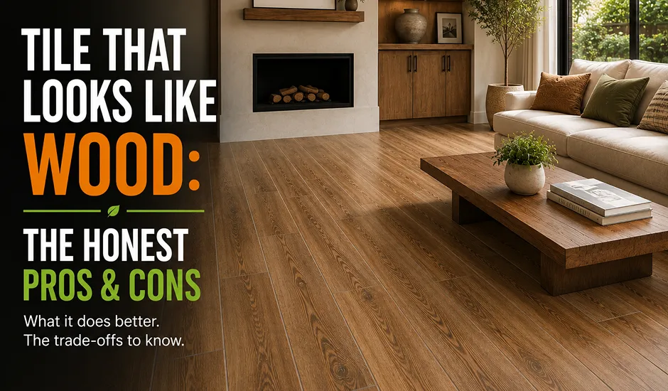 Tile that looks like wood in plank format showing grain detail and curve edge profile