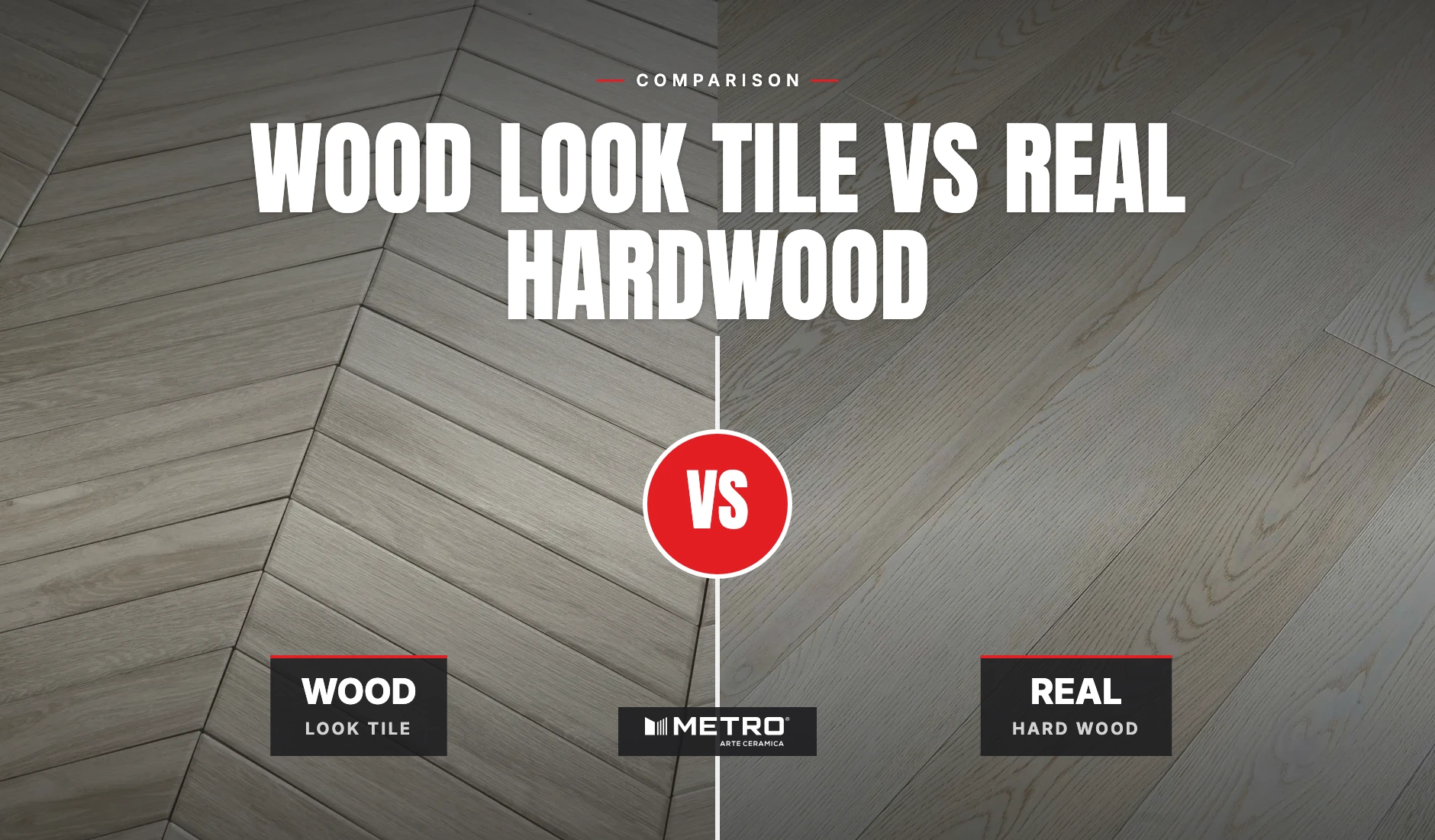 Wood look tile planks laid beside real hardwood flooring, showing the grain and joint difference between ceramic and solid oak