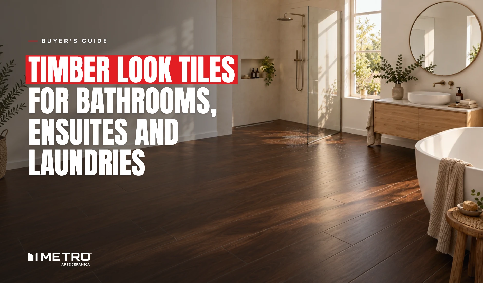 Timber look tiles in a pale honey tone on an ensuite floor, laid in a quarter offset beside a linear shower drain