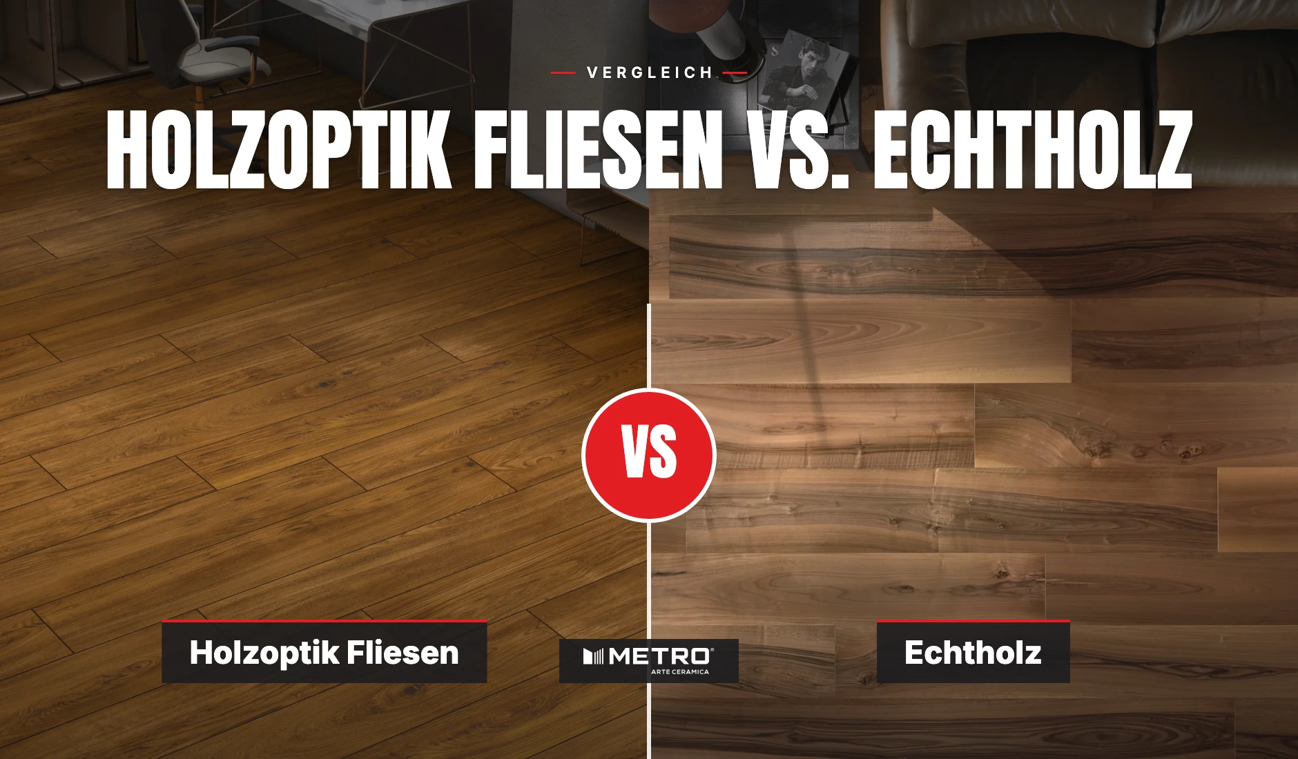 Holzoptik Fliesen im Viertelversatz neben einer Echtholzdiele, im Vergleich von Maserung, Kante und Fugenbild im Wohnbereich