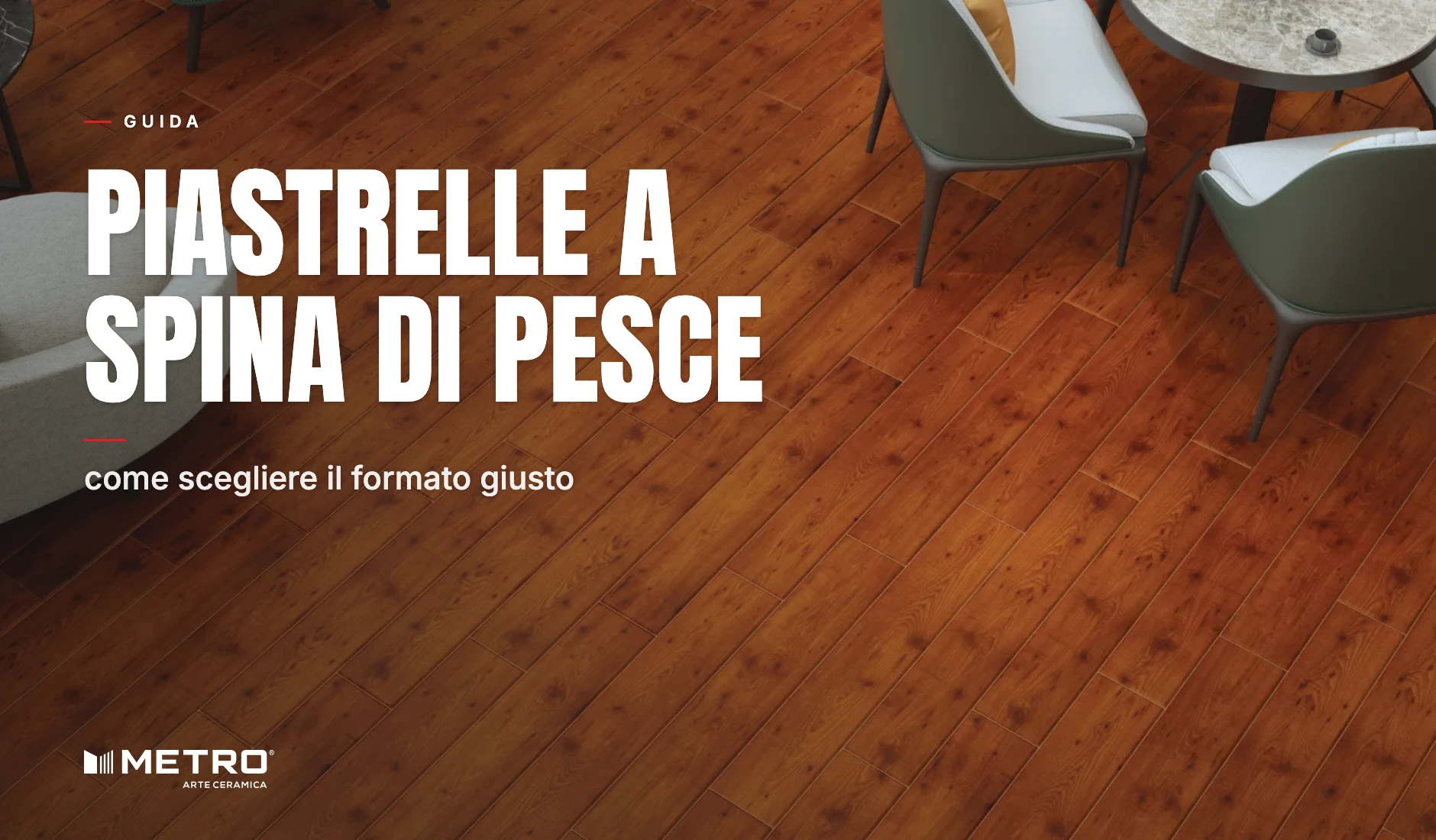 Plance effetto legno posate a spina di pesce, con il modulo a zigzag sfalsato e la fuga visibile tra una plancia e l'altra