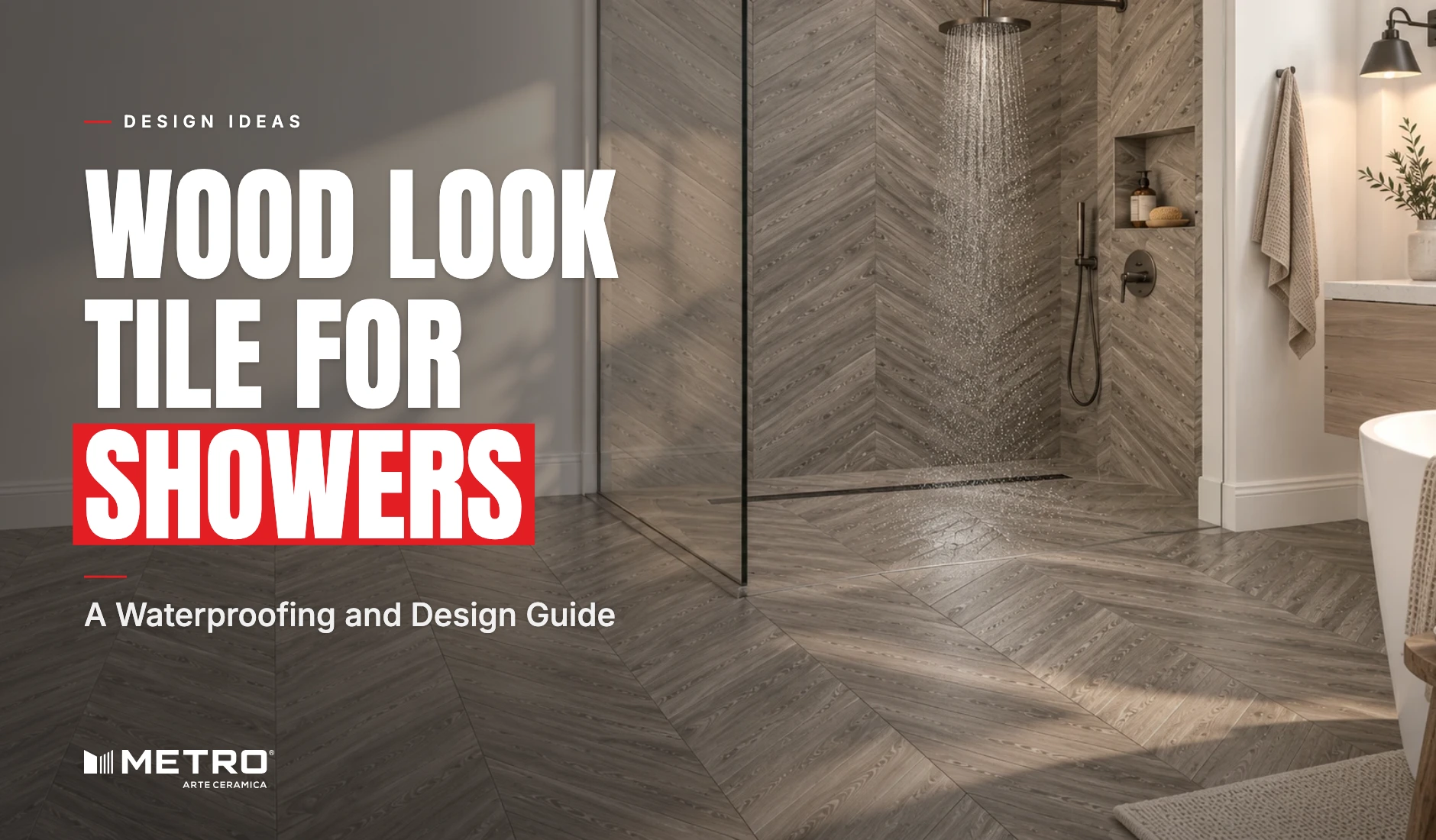 Wood look tile shower with vertical ceramic planks on accent wall and linear drain