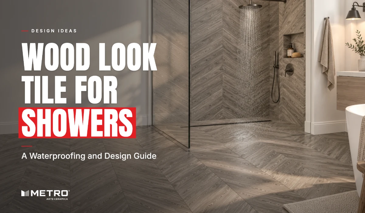 Wood look tile shower with vertical ceramic planks on accent wall and linear drain
