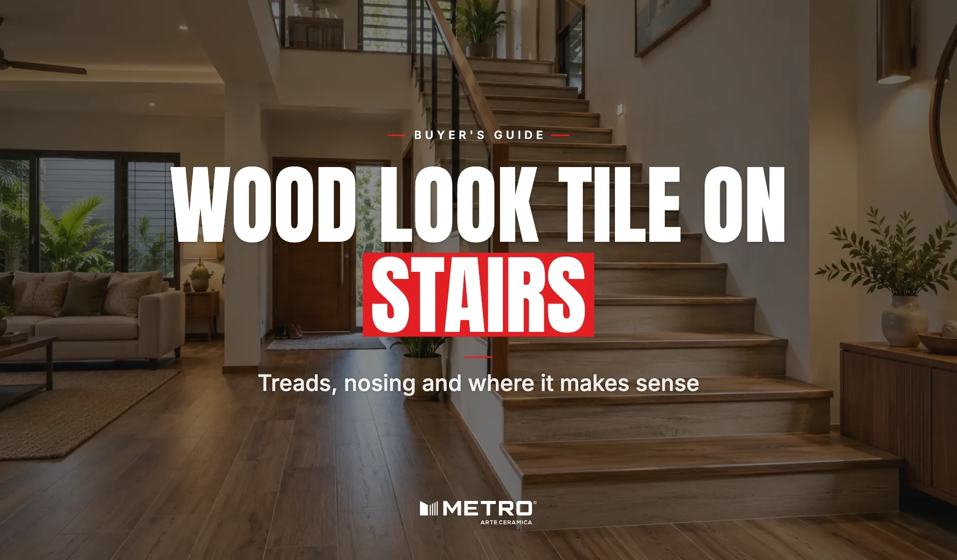 Wood look tile on stairs: a room floored with Metro wood-look tiles