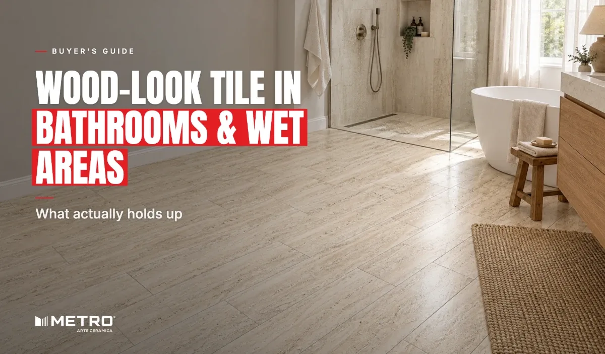 Wood-Look Tile in Bathrooms & Wet Areas: a room floored with Metro wood-look tiles