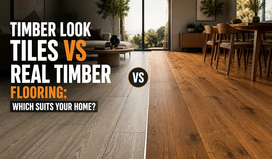 Timber look tile flooring beside real timber flooring in an Australian living room, comparing wood look tile and timber floor tiles